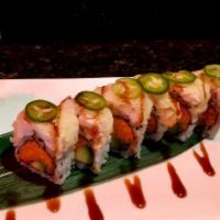 White Hot Roll · Spicy snow crab, avocado, fluke tempura on top, eel sauce and jalapeno. Non-raw sushi.