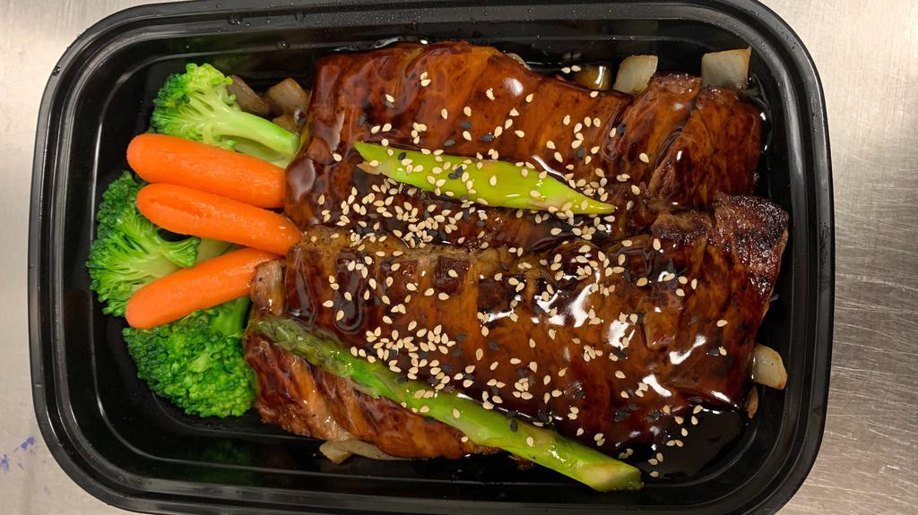Steak Teriyaki · Served with miso soup, salad and white rice. Marinated and broiled in homemade teriyaki sauce.