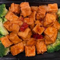 Tangy Tofu (New Dish) · Crispy tofu pieces tossed in a tangy sweet and spicy sauce with steamed broccoli.