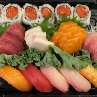 Sushi And Sashimi Combo · Twelve pieces of sashimi and five pieces of sushi with a spicy tuna roll or shrimp tempura. ...
