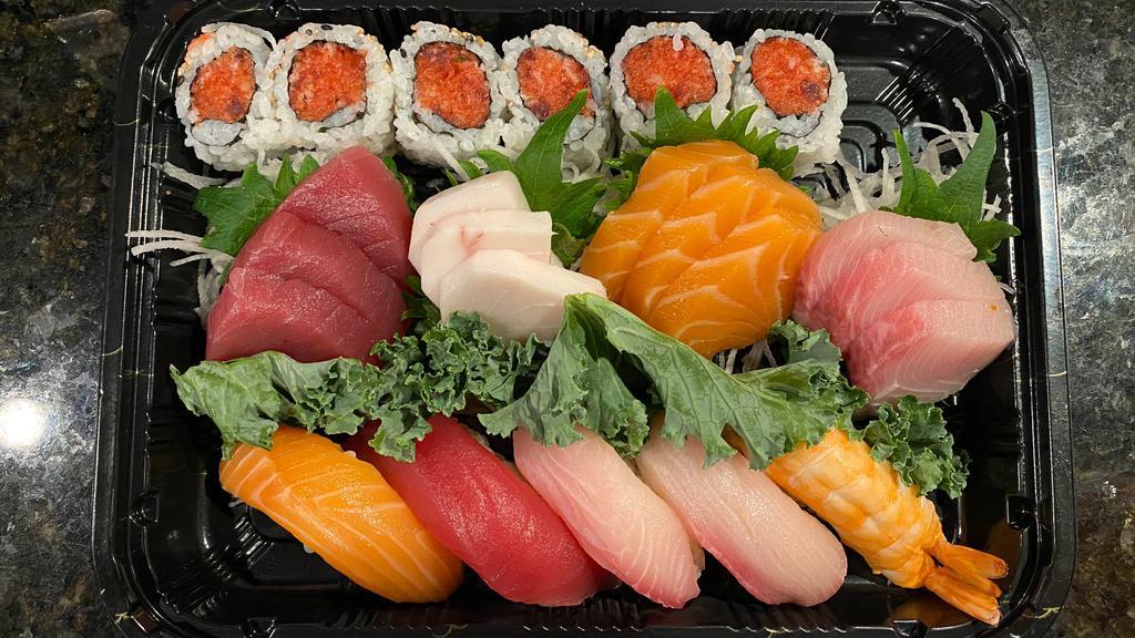 Sushi And Sashimi Combo · Twelve pieces of sashimi and five pieces of sushi with a spicy tuna roll or shrimp tempura. Served with choice of side.