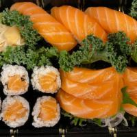 Salmon Lover · Three pieces of sushi and six of pieces sashimi with a salmon roll. Served with choice of si...