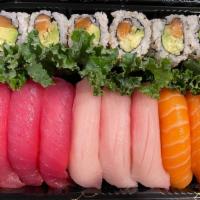 Triple Sushi · Three pieces of yellowtail, three pieces of salmon and three pieces of tuna with an alaska r...