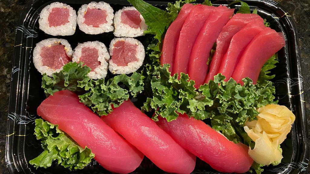 Tuna Lover · Three  pieces of sushi and six pieces of sashimi with a tuna roll. Served with choice of side.