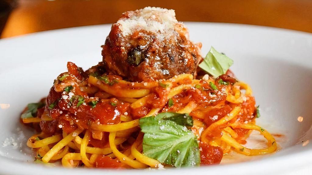 Spaghetti And Meatballs · made of beef, veal and pork in a rich tomato sauce with Romano and fontina cheese.
