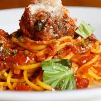 Spaghetti And Meatballs · made of beef, veal and pork in a rich tomato sauce with Romano and fontina cheese.