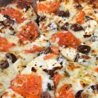Greek Pizza · Fresh tomatoes, olives and feta cheese.