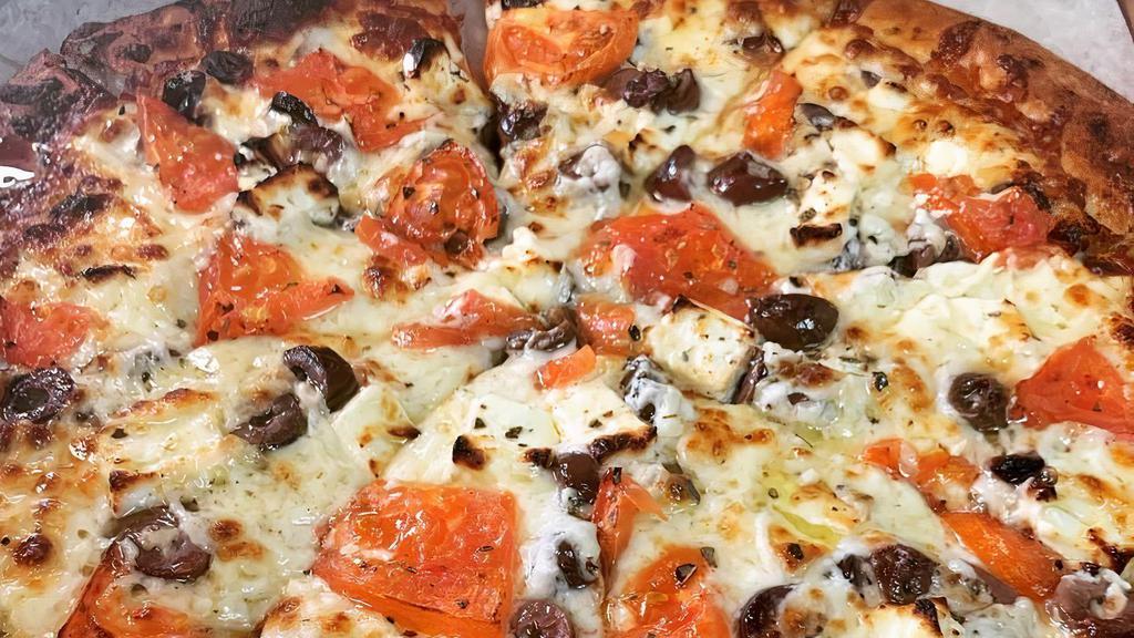 Greek Pizza · Fresh tomatoes, olives and feta cheese.