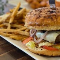 Cheese Burger · French fries, burger bun, american, lettuce, tomato, mayo and ketchup.