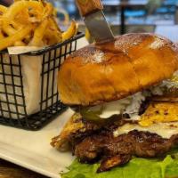 Worcester Burger · French fries, burger bun, american, egg, lettuce, tomato, mushrooms, onion, pickles, mayo an...