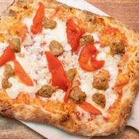 Sausage & Peppers · The classic combination...roasted red peppers and our fennel sausage on top of whole milk mo...