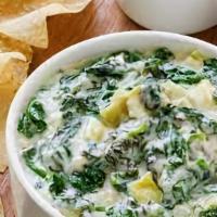 Spinach & Artichoke Dip · Fresh spinach, artichoke hearts, and onions, blended with Monterey Jack tossed in a Parmesan...
