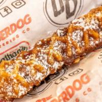 Waffle Dog  { Sausage } · All Beef sausage inside of a Belgian Waffle  topped with Powdered Sugar And Maple Syrup