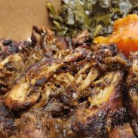 Jerk Chicken · Grilled Chicken Tossed in our Signature Jerk Sauce, Served with Rice and Peas, Collard Green...