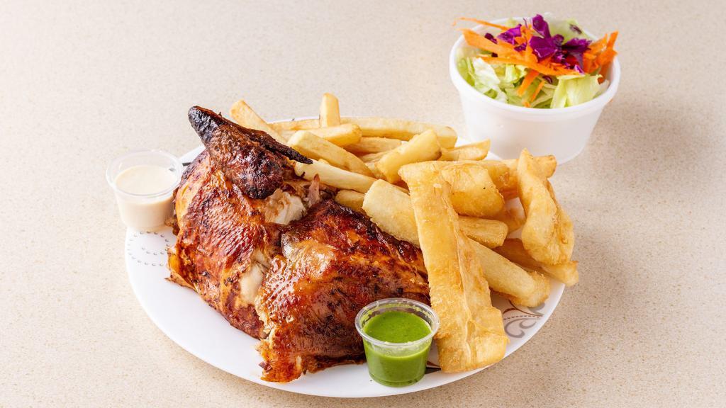  1/2 Chicken (Pollo) · Served with a Choice of 2 Side Orders: House Salad, Rice, Black Beans, Steamed Vegetables, Fried Broccoli & Onions, Platanos, Fries or Yuca