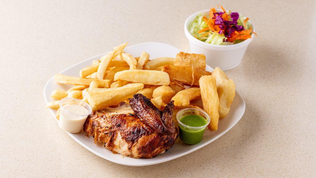 1/4 Chicken (Pollo) · Served with a Choice of 2 Side Orders: House Salad, Rice, Black Beans, Steamed Vegetables, Fried Broccoli & Onions, Platanos, Fries or Yuca