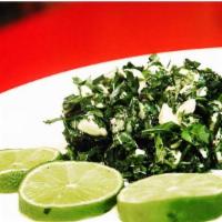 Raw Callaloo Salad (Leafy Green)   · (callaloo, kale, sweet plantain, scotch bonnet pepper, avocado, key lime juice, sea salt)