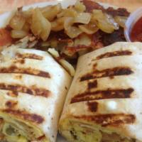 Breakfast Burrito · Pepper,onions, tomatoes, bacon, cheddar cheese and side of salsa