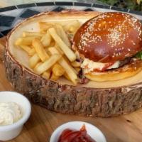 Hamburger & French Fries · Homemade burger bread with lettuce and tomato on brioche.