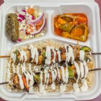 Chicken Shish Kebab Plate · Chicken Kebab served over rice and your choice of 2 sides.
