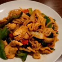 Spicy Udon · Spicy. Stir-fried udon noodles with bell peppers, onion, Thai sweet basil over spicy chili s...