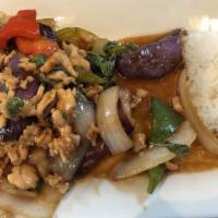 Eggplant Basil With Minced Chicken · New. Spicy. Eggplant, bell pepper, onions, and Thai basil in hot chili brown sauce with minc...