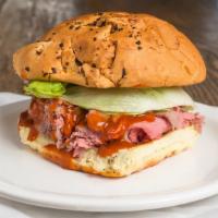 Super Beef Sandwich · On onion roll.