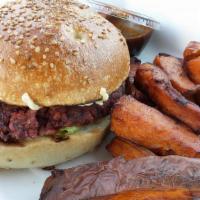 Beet Burger · Vegan. Burger patty made from red beets, green lentils, organic brown rice, onion, garlic, a...
