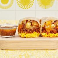 Chorizo Breakfast Burrito · Two scrambled eggs, chorizo, breakfast potatoes, and melted cheese wrapped in a fresh flour ...