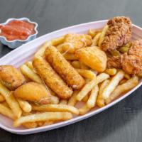 Fried Party Sampler · Chicken fingers, mac and cheese bites, mozzarella sticks, jalapeño poppers, small french fry...