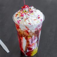 Banana Split Shake · Banana ice cream blended with strawberry, pineapple and chocolate syrup, topped with whipped...