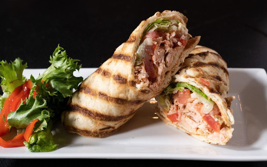 Grilled Atlantic Salmon Wrap · With Lettuce, Tomato, Red Onion, Homemade Remoulade Sauce