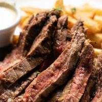 Plough Steak Fritte · Grilled & Sliced Marinated Flank Steak with a Red Wine au Jus, Fries & Horseradish Dipping S...