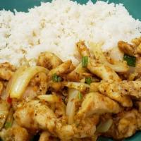 Lemongrass Chicken Rice · Chicken sautéed with lemongrass, onions, garlic, chili pepper, scallions; over rice.