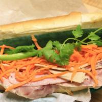121 - Vietnamese Cold Cuts Hoagie · Toasted hoagie with three cold cuts, pate, butter, sautéed scallions, jalapeño peppers, cucu...