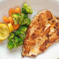 Lucy'S Grilled Chicken With Veggies · Special seasoned grilled chicken breast. Served with carrots, broccoli and zucchini.