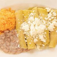 Enchiladas Verdes De Pollo, Bistec O Adobada · Served with beans, sour cream and cheese.