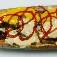 Two One Five Cheese Steak · Cheese Steak served with Whiz, American cheese sauce, fried onions, ketchup, mayo, pickles, ...