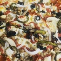 The Works · Pepperoni, sausage, onions, mushrooms, green peppers, and olives. Red or white sauce