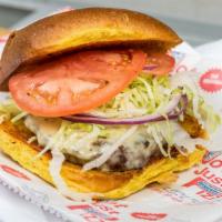 Cheeseburger Deluxe · Lettuce, tomato, mayo, raw onions, oregano and sliced American cheese.
