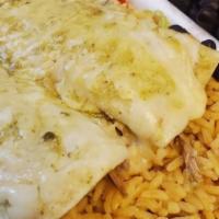 Verde Enchilada · Two flour tortillas stuffed with jack cheese topped with our homemade Verde sauce served wit...