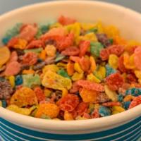 Fruity Pebbles · Sweetened crispy rice cereal, enough for 3 servings.