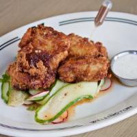 Fried Chicken Plate · shaved cucumber and radish salad, 
hot chili oil & honey on the side