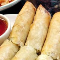 Thai Spring Rolls (Deep Fried) · Thin pastry filled with ground chicken, bean threads and vegetable. Served with sweet chili ...