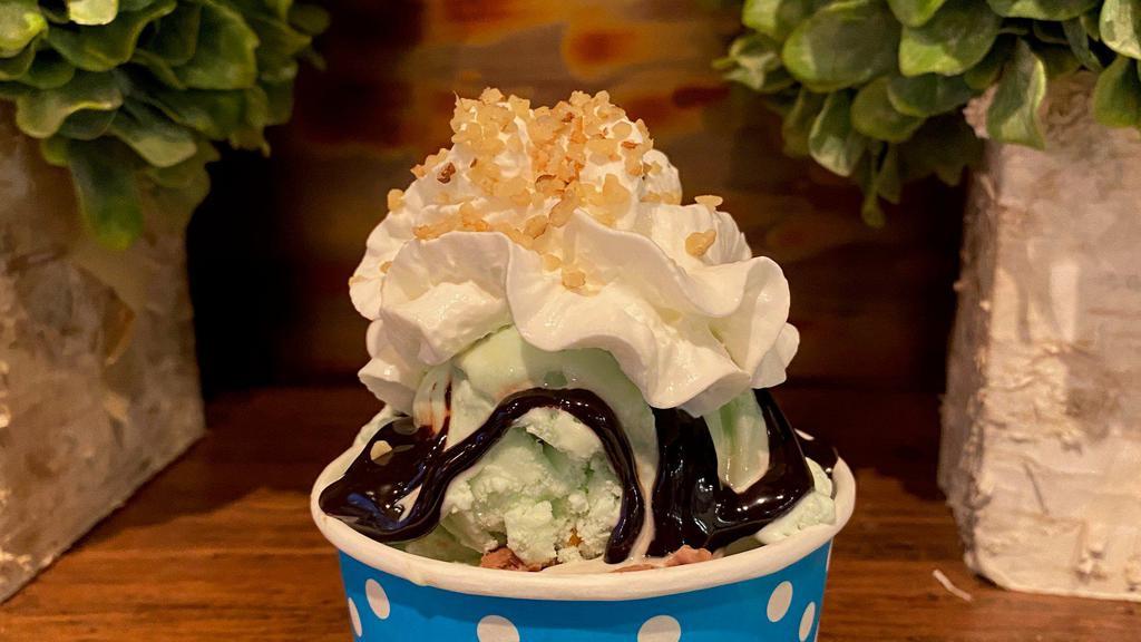 Junior Sundae · 2 scoops of ice cream with 2 wet toppings, 1 dry topping, and a cherry.