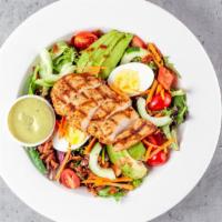 Avocado Salad · Mixed greens, grilled chicken, avocado slices, bacon, egg, cucumber, carrots and house made ...