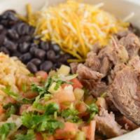 Mexican Burrito Bowls · Bowl filled with your choice of protein, rice, black beans, salsa fresca. and cheese