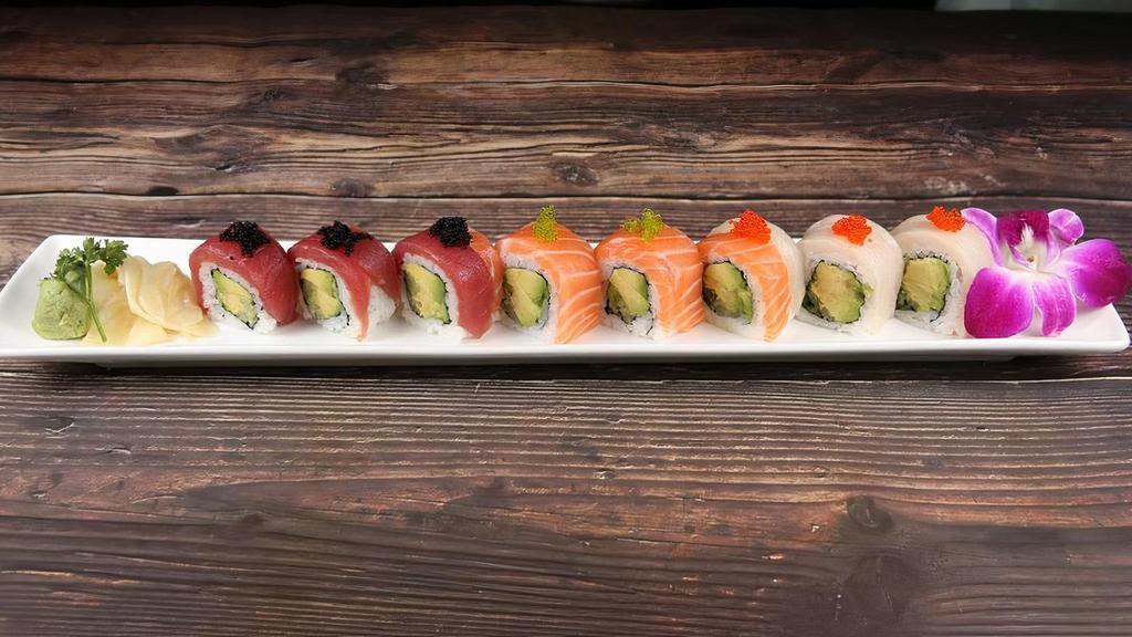 Tri Color Roll · Tuna, salmon, yellowtail, avocado, cucumber and three kinds of flying-fish roe