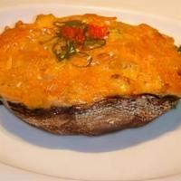 Shitake Kaiyaki · Crab, scallops, flying-fish roe and spicy mayo baked on a portabella mushroom