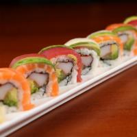 Rainbow Roll · Tuna, salmon, yellowtail and avocado on top of california roll